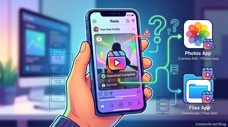 An animated hand holding a phone showing a successful instagram downloading