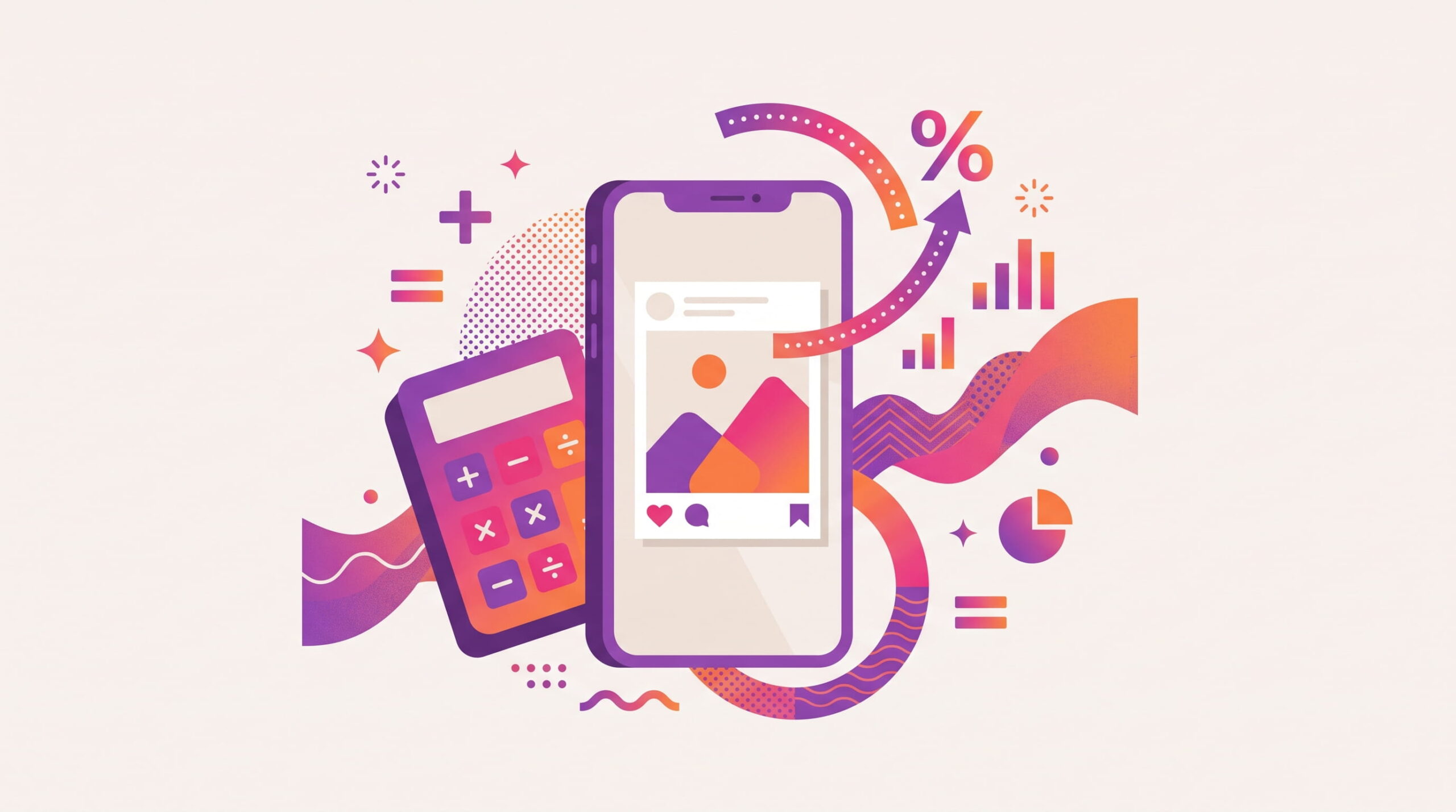 Post icons next to a calculator and percentage arc illustrating the engagement rate formula