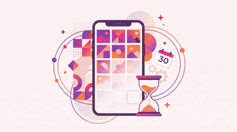Smartphone showing a photo grid fading into empty squares beside an hourglass
