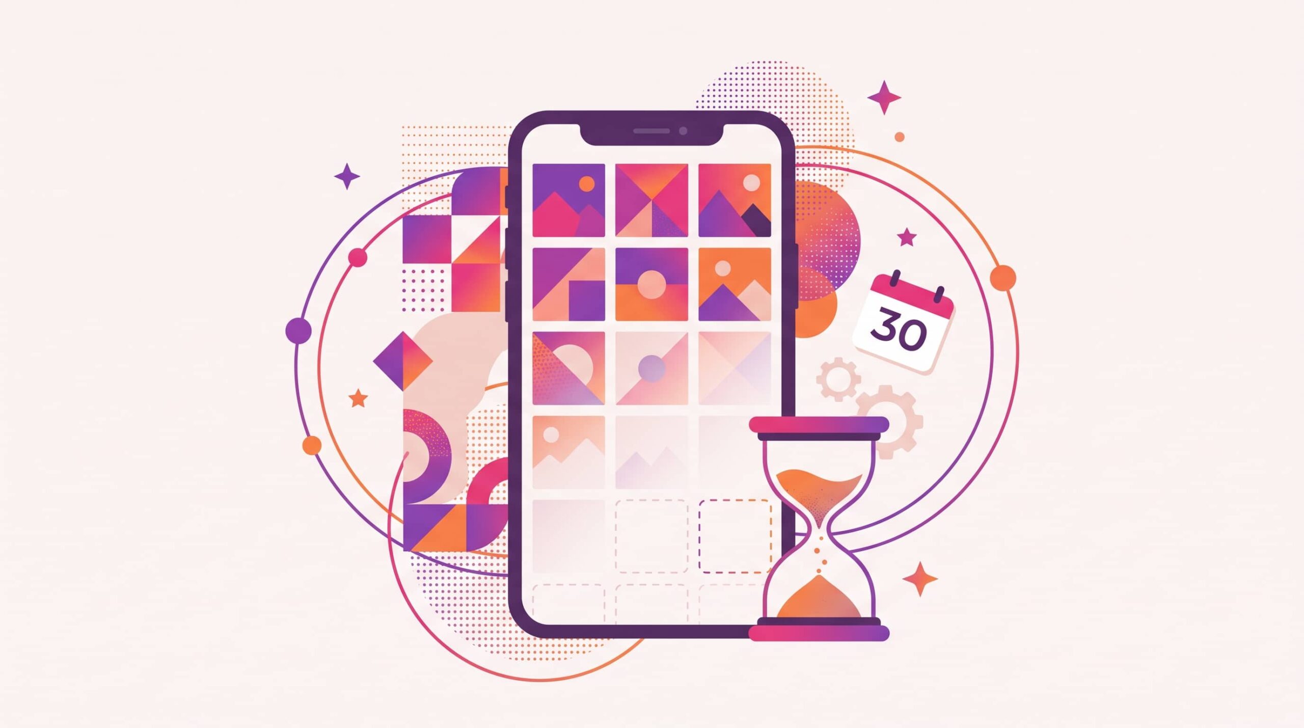 Smartphone showing a photo grid fading into empty squares beside an hourglass