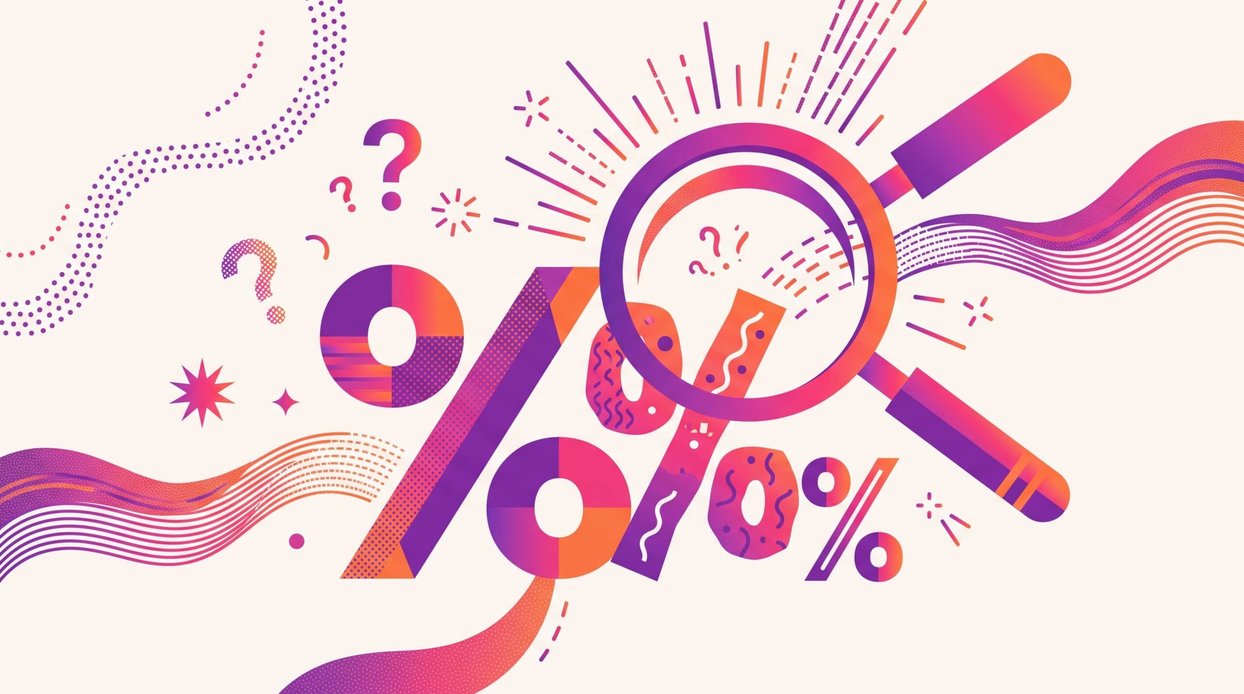 Magnifying glass over three different percentage figures, representing mismatched engagement rate benchmarks
